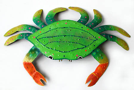 Hand Painted Metal Green Crab Tropical Wall Art Haitian Crafts 11 X16