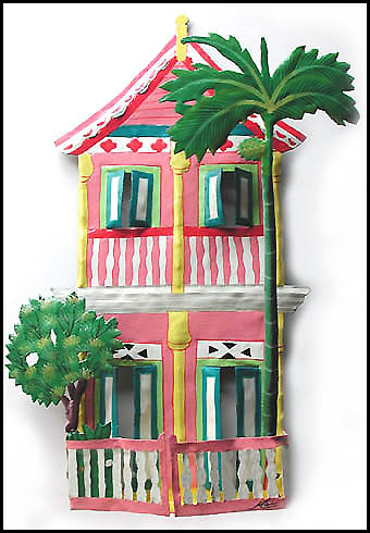 Painted Metal Gingerbread House Wall Hangings, Tropical Decor